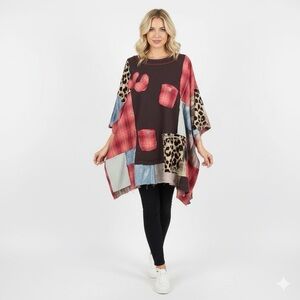 Handmade Boho Patchwork Tunic Bleach Wash Plaid One Size